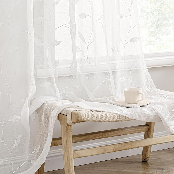 MIULEE White Sheer Curtains 2 Panels Embroidered Leaf Patterned, W52 x L63 | by MIULEE