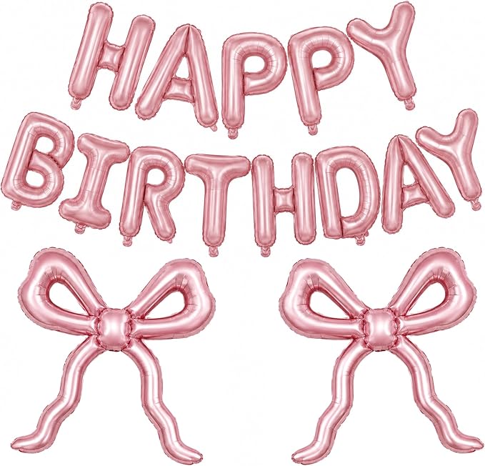 Pink Bow Happy Birthday Balloons Banner, 22 Inch Pearl Pink Bow Foil Balloons by Togvu