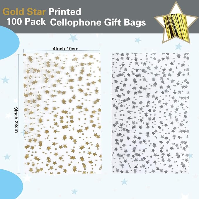 100 Pcs Star Printed 4"X 9" Gift Wrap Cello Cellophane Treat Bags Party Favor - Image 2