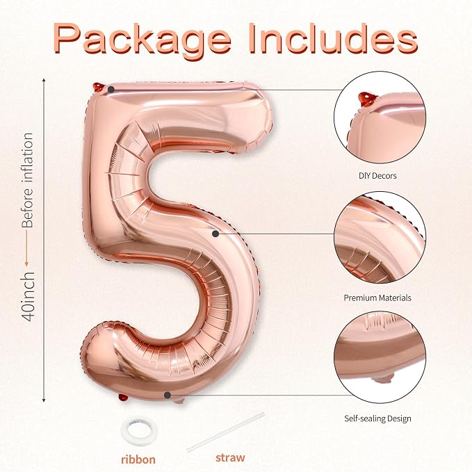 40 Inch Rose Gold Number 5 Balloon, Giant Number Balloons, Birthday Decor | - Image 3
