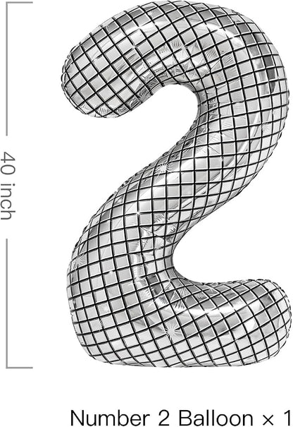 40 Inch Disco Number Balloons Large Silver Disco Ball Print Number Balloon - Image 2