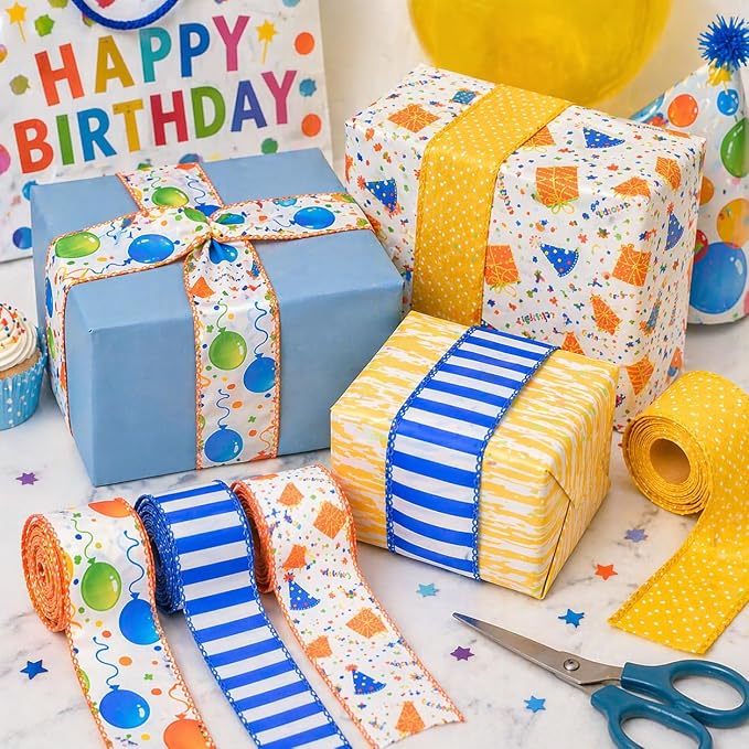 Birthday Wired Ribbon Set, 4 Rolls Decorative Party Ribbon - Image 6