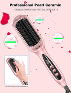 LANDOT Rose Gold Hair Straightener Brush - Elegant Gift for Women, Ionic Ceramic Straightening Brush for Smooth & Shiny Hair, Dual Voltage with 12 Adjustable Heat Settings 250°F-450°F
