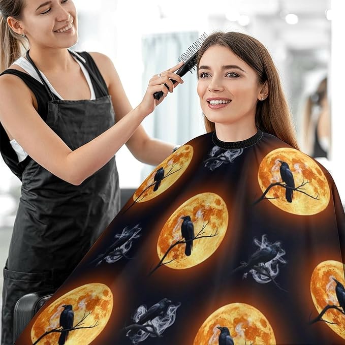 Women Full Moon Black Crow Raven Bird Salon Haircut Capes, Full Coverage Dyeing Salon Apron for Hairdressers, Easy Clean