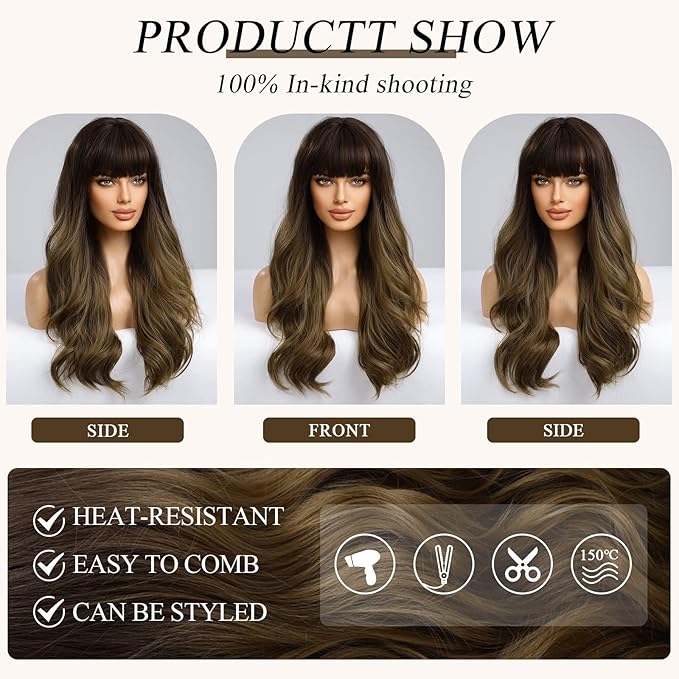 EMMOR Ombre Brown Wigs for Women Long Curly Wigs with Bangs Wave Heat Resistant Synthetic Wigs Soft Natural Looking