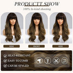 EMMOR Ombre Brown Wigs for Women Long Curly Wigs with Bangs Wave Heat Resistant Synthetic Wigs Soft Natural Looking
