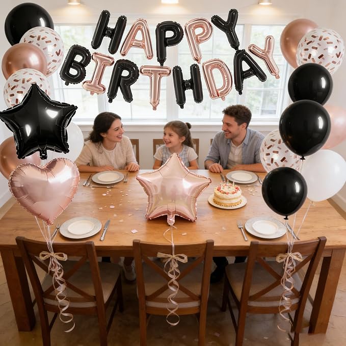 27 Pcs Rose Gold Black Birthday Decorations, 3D Letters Rose Gold Black Happy - Image 4
