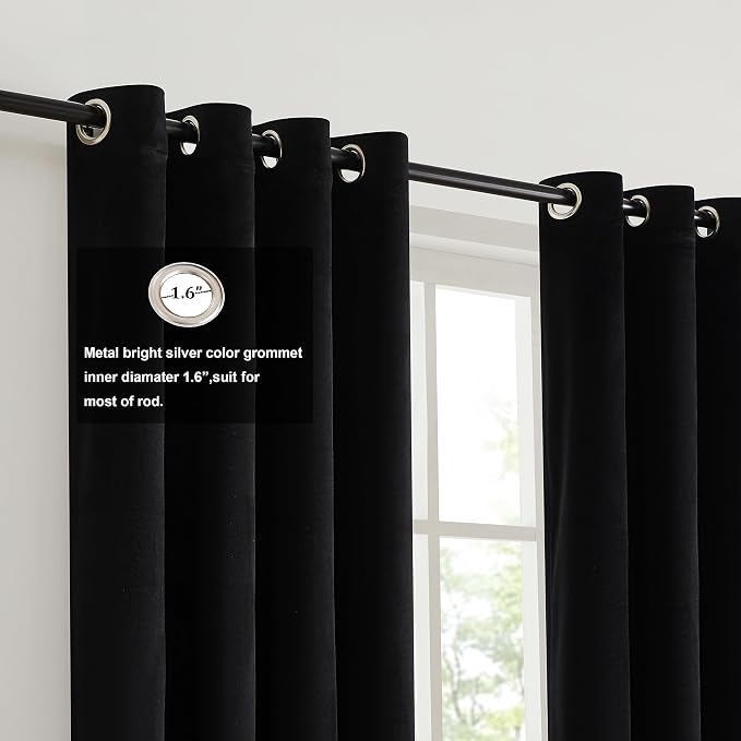 BULBUL Black Gold Color Block Window Curtains Panels 90 inches Long Velvet - Image 2