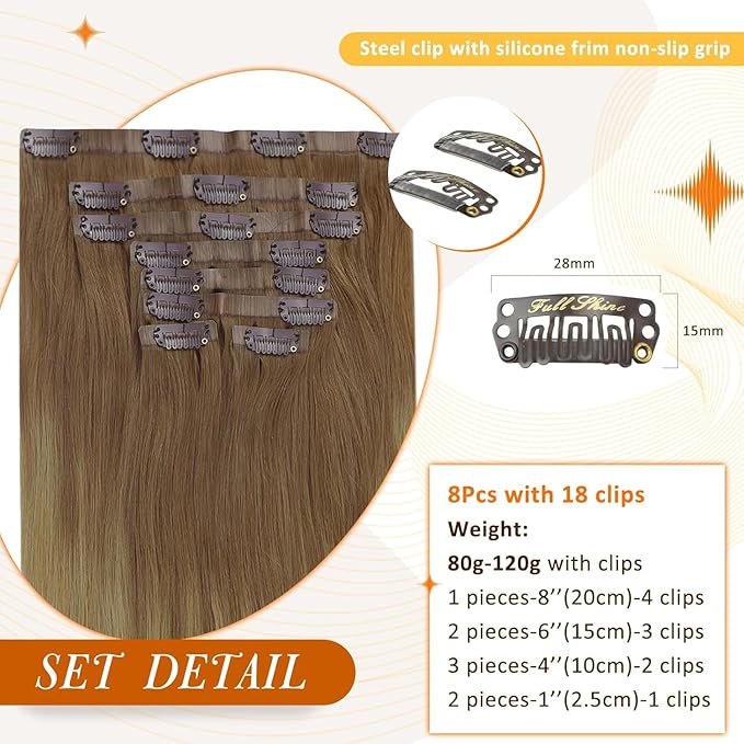 Full Shine Brown Seamless Clip in Hair Extensions Real Human Hair Brown Ombre to Blonde Hair Extensions 20 Inch for Women Hair Extension Real Human Hair PU Clip ins 120 G 8 PCS