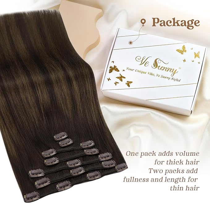 Ve Sunny Clip in Human Hair Extensions, Real Hair Extensions Clip in Human Hair, Human Hair Extensions Clip ins Dark Brown Ombre Medium Brown Balayage Hair Extensions 5pcs 80g 12inch
