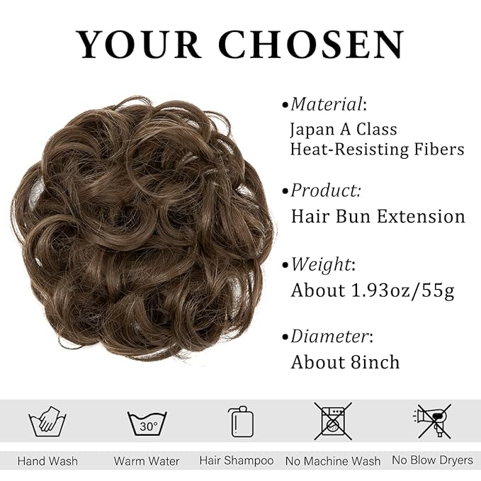 CJL HAIR Large Messy Bun Hair Piece Wavy Curly Scrunchies Synthetic Chignon Ponytail Hair Extensions Thick Updo Hairpieces for Women Medium Ash Brown