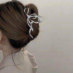 Metal Bow Hair Clips Bow Hair Claw Clips with Pearl Large Bowknot Claw Clip Strong Hold Nonslip Hair Jaw Clip for Thin Thick Hair Stylish Hair Accessories for Women Silver