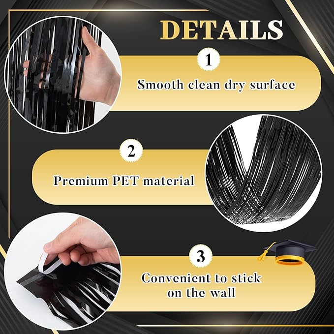 8 Pcs 15ft Gold Black Metallic Foil Ceiling Fringe Curtains, Graduation Party - Image 3