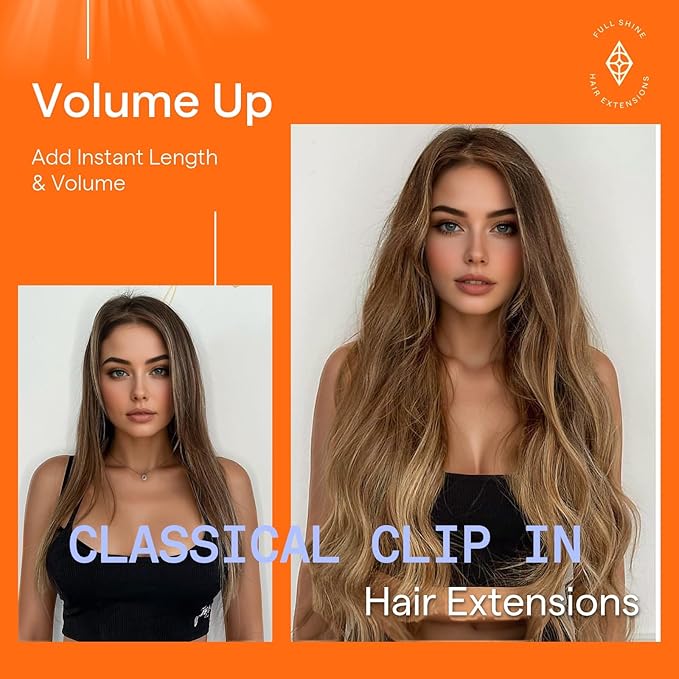 Full Shine Clip in Extensions Brown Ombre Medium Brown Mix Honey Blonde Clip in Remy Hair Extensions for Party for Long Human Hair 24 Inch 7 Pcs 120 G