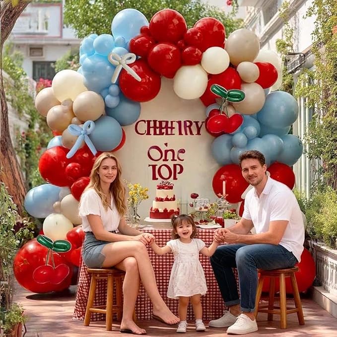 Red Blue Cherry Balloon Arch Kit Double Stuffed, Ruby Red Dusty Light Blue - Image 2