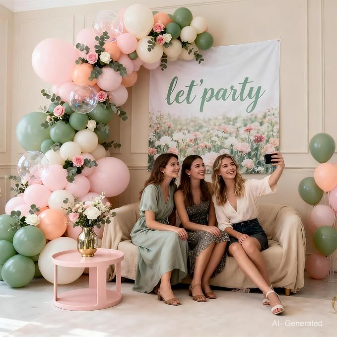 Pink and Sage Green Balloons Arch Kit, Dusty Green Sand White Orange, Party | - Image 5
