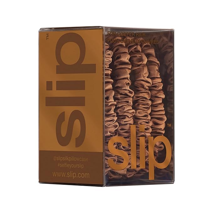 slip Silk Skinny Scrunchies - Copper | Set of 4 Skinny Scrunchies | 100% Mulberry Silk, Anti-Crease, Gentle on Hair, Reduces Breakage | Stylish & Durable, Ideal for All Hair Types