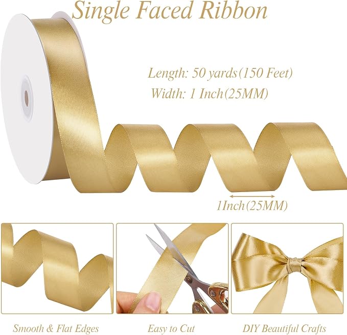 woric Gold Ribbon 1 Inch 50 Yards Gold Satin Ribbon Gift Bows | Wedding Floral - Image 3