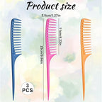 Wide Tooth Rat Tail Comb Set for Sectioning Styling Heat Resistant and Anti-Static Hair Detangling Combs for All Hair Types 3 Pcs (Blue + Pink + Yellow)