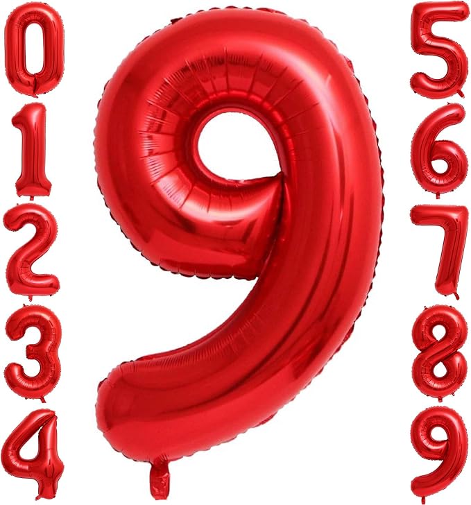 Red 9 Number Balloons, 40 Inch 9 Balloons Foil Mylar Helium Big Red 9 Balloon by BBPOOL
