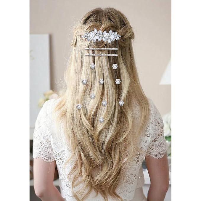 13 Pieces Rhinestone Hair Clips, Including10 Silver Mini Flower Hair Clips, 2 Pcs Crystal Bobby Pins, 1 Decorative Rhinestones Barrette with Pearls for Bride Women Flower Girls