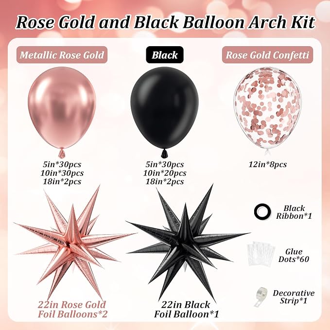 128pcs Rose Gold Balloon Arch Kit Metallic Rose Gold and Black Balloons | - Image 2