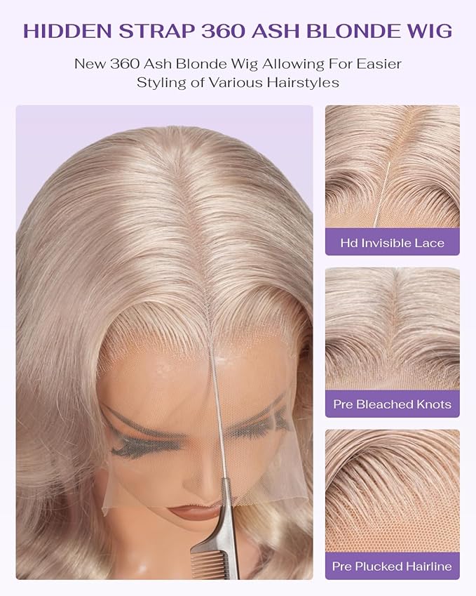 Hidden Strap Milk Tea Ash Blonde Wig Human Hair Body Wave 360 Lace Front Wig Human Hair Ombre Glueless Wigs Pre Bleached Bleached Knots 180% Density Drawstring HD Full Lace Wigs 24Inch