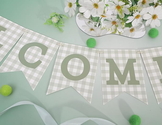 Sage Green Gingham Welcome Baby Shower Banner - Image 7