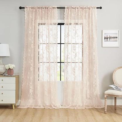 SEEKRIGHT Blush Pink Lace Curtains 63 Inch Length 2 Panels Set Victorian Floral - Image 2