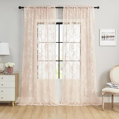 Blush Lace Curtains 90 Inches Long 2 Panels Vintage Floral Curtains by SEEKRIGHTHomeDecor