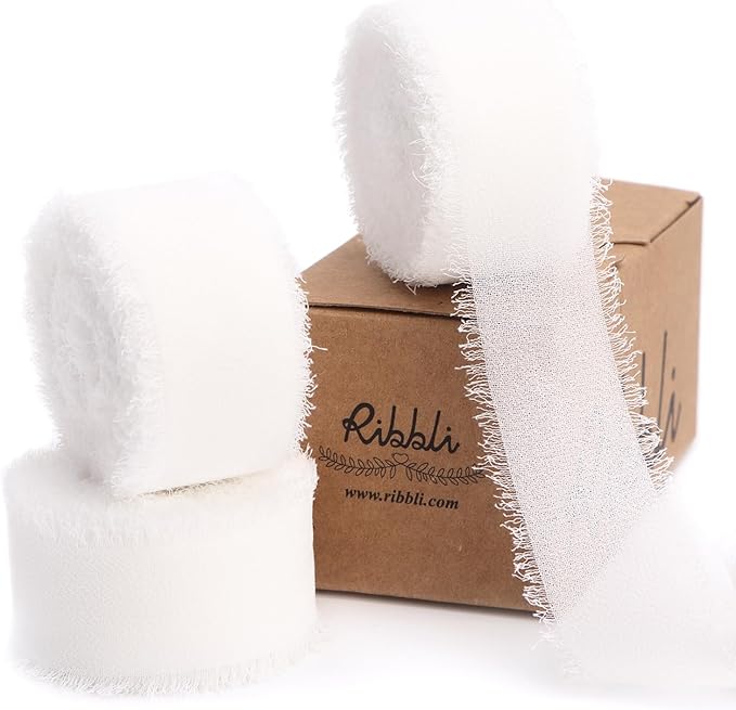 Ribbli White Ribbon 1 Inch x 3 Rolls Total 24 Yards Handmade Fringe Chiffon by Ribbli