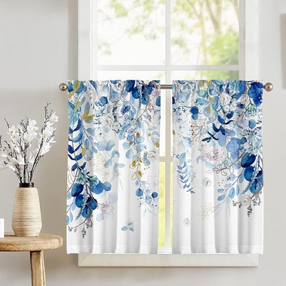 Blue Eucalyptus Leaves Kitchen Curtains Watercolor Plant Floral Curtains 39 by GOLDLAWN