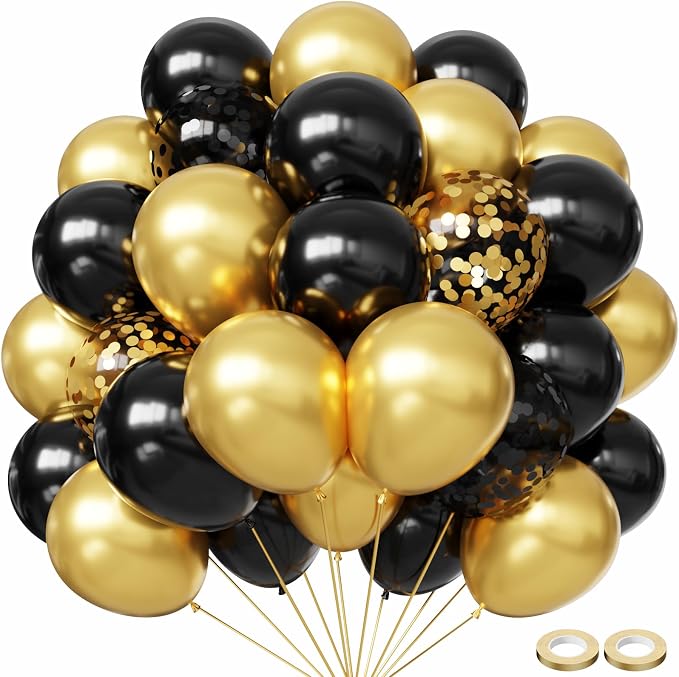Black and Gold Balloons, 12 Inch Gold Balloons by Hiquaty