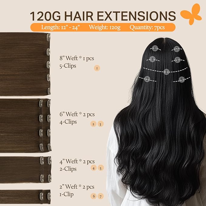 DOORES Hair Extensions Clip in Human Hair, Chocolate Brown 120g 7pcs 14 Inch, Clip in Remy Human Hair Extensions Straight Natural Weft