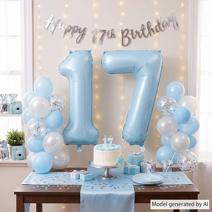 Baby Blue Number 17 Balloon 40 Inch, Foil Pastel Numeral Party Supplies | - Image 3
