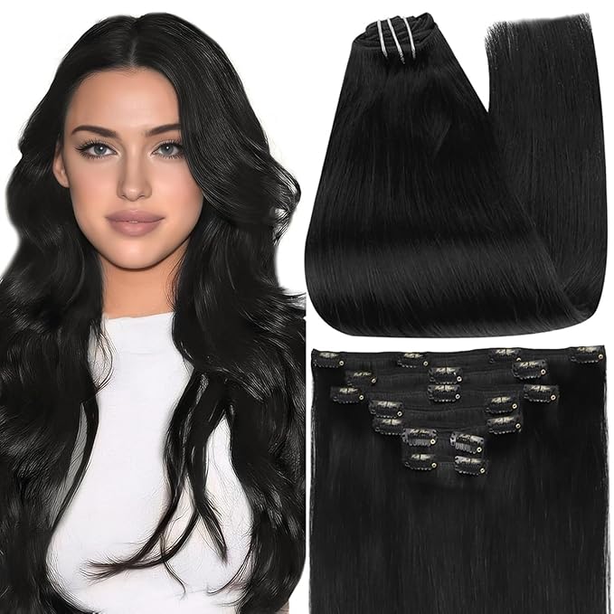 Full Shine 26 Inch Hair Extensions Real Human Hair Black 150 G Invisible Clip in Hair Extensions Human Hair For Women Jet Black Soft Straight 7 Pcs