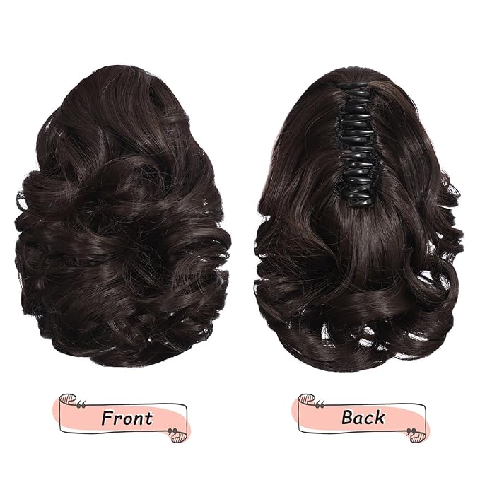Ponytail Extension, Clip on Ponytails for Women, 9" Claw Clip in Short Curly Wavy Pony Hair Extension for Women - Darkest Brown