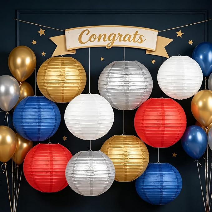 Paper Lanterns Set- 8/10 Inch Royal Blue, Patriotic Holiday, Party Decor - Image 7