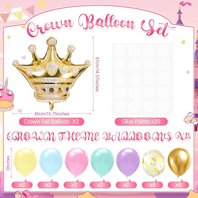 Seematn 2 Set Princess Balloon Stand Kits Pastel Gold Crown Balloons Sticks - Image 2