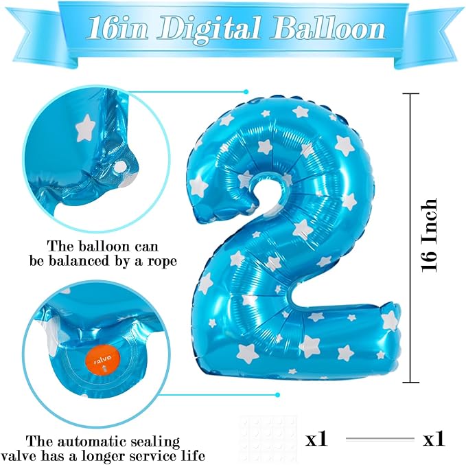 TONIFUL Number Balloon 16Inch 10 Pcs Blue Polka 0-9 Birthday Number Ballons | - Image 2