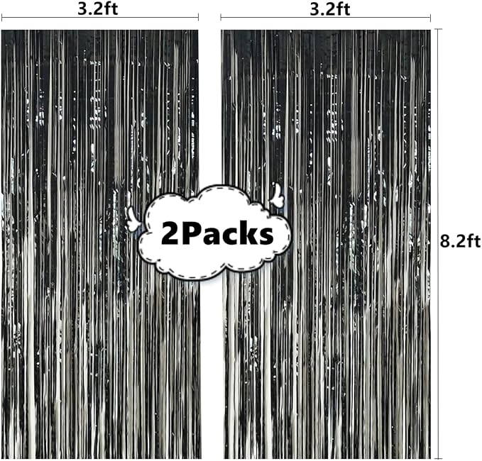 2 Pcs 3.2ft x 8.2ft Shiny Black Metallic Tinsel Foil Fringe Curtain Photo Booth - Image 2
