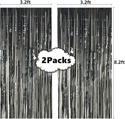 2 Pcs 3.2ft x 8.2ft Shiny Black Metallic Tinsel Foil Fringe Curtain Photo Booth - Image 2