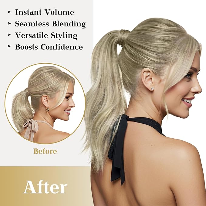 Ve Sunny Hair Extensions Ponytail Real Human Hair 80G Wrap Around Clip in Ponytail Hair Extensions Straight Extensions Human Hair for Women Ash Grey Balayage Platinum Blonde 14inch