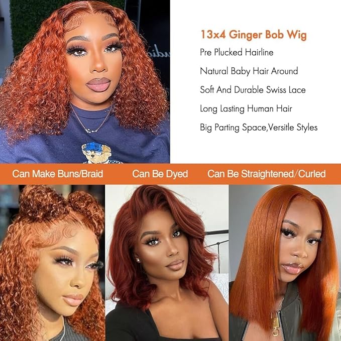 GOLFMAX 8 Inch Curly Bob Wig 350# Orange Ginger Lace Front Wigs Human Hair Short Bob Wig Human Hair Water Wave 13x4 Lace Front Wigs Pre Plucked