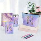 Personalized Gifts Monogrammed Birthday Gifts for Women, New Mom, Grandma Thank You Christmas, Initial 20 oz Tumbler, Makeup Cosmetic Bag Cup Pens Journal Notebook 6 Set, (Aesthetic Purple Flower R)