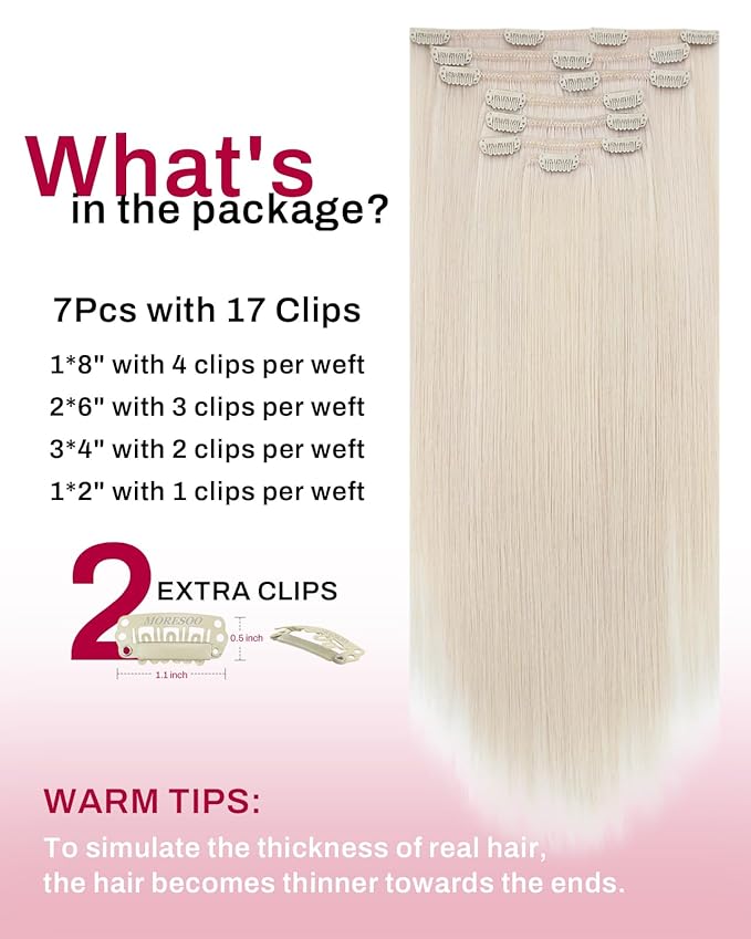 Moresoo Hair Extensions Clip ins White Blonde Real Hair Clip in Extensions Human Hair Double Weft Clip in Human Hair Extensions Full Head #60A 7Pieces/120Grams 24inch
