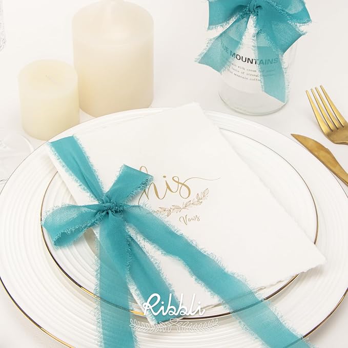 Ribbli Teal Ribbon 1 Inch x 3 Rolls Total 24 Yards Green Handmade Fringe - Image 3
