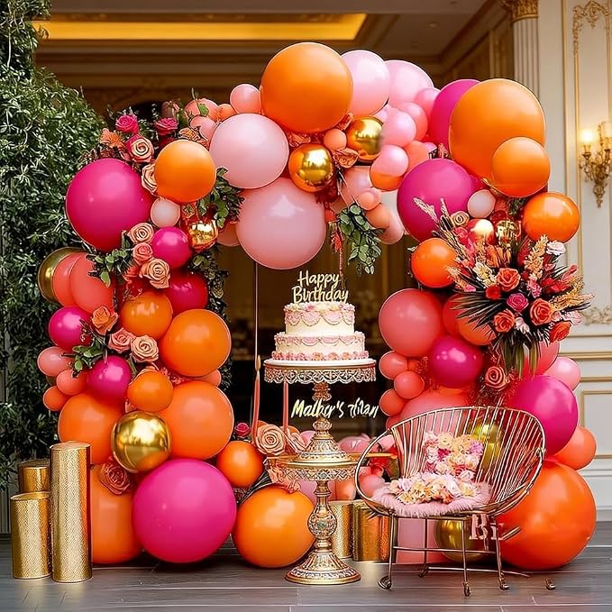 Pink Orange Balloon Garland Double Stuffed Hot Pink Orange Gold Metallic Pastel - Image 2