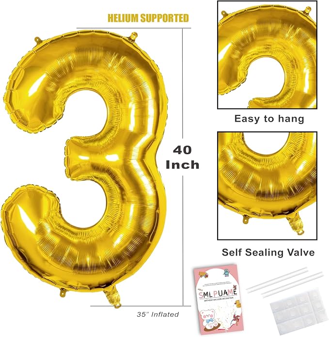 40 Inch Gold Number 3 Balloon, 3rd Birthday Decoration Boys Girls | Large Self - Image 3