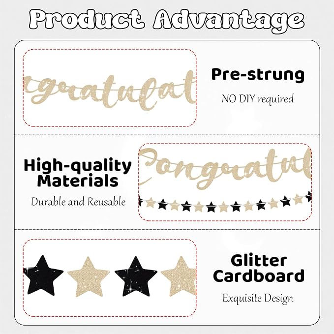 Congratulations Banner, Pre-Strung Black and Gold Graduation Decorations | - Image 3